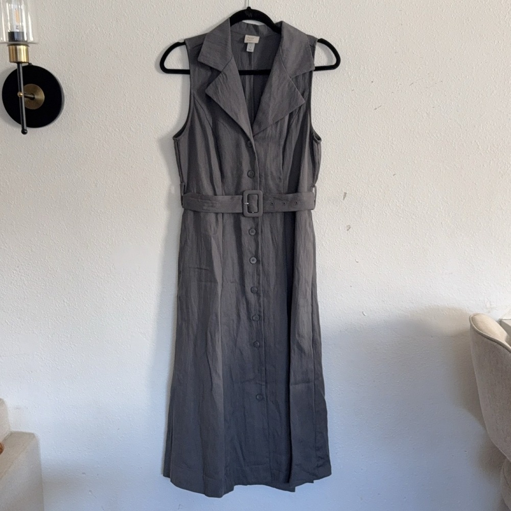A New Day Gray Belted Button Front Midi Shirt Dress Women's Sz S